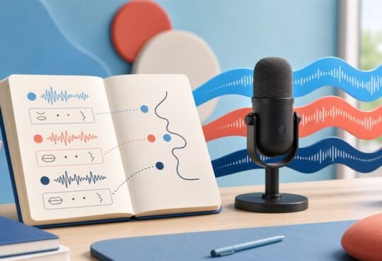 Language-learning notebook and microphone with colored sound waves