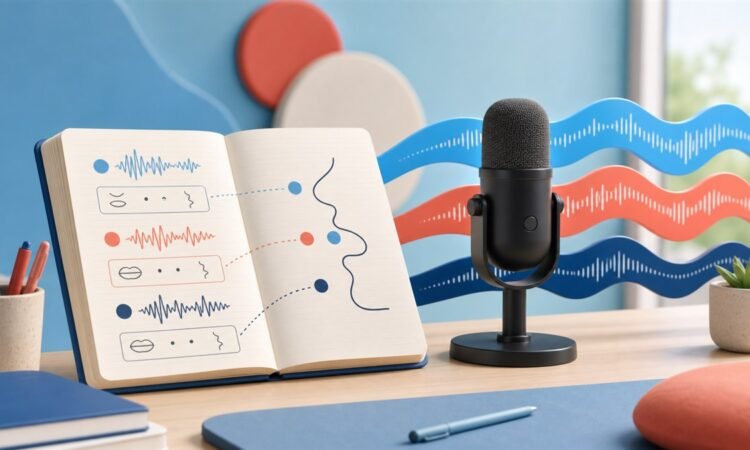 Language-learning notebook and microphone with colored sound waves