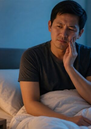 Adult sitting awake at night and holding a painful cheek beside a glass of water