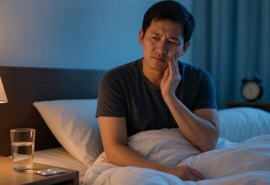 Adult sitting awake at night and holding a painful cheek beside a glass of water