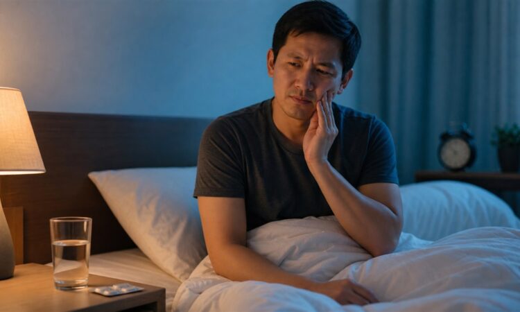 Adult sitting awake at night and holding a painful cheek beside a glass of water